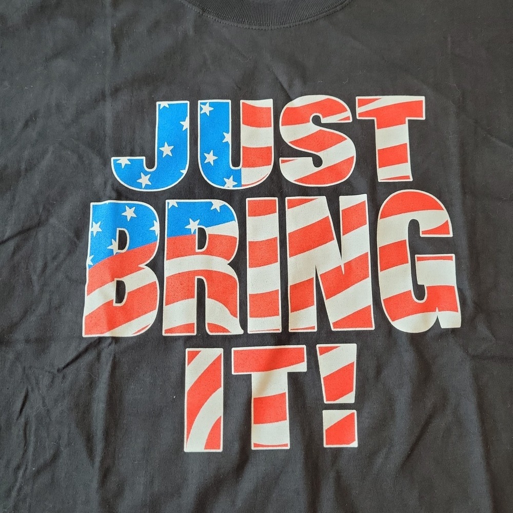 Vintage WWF The Rock Shirt Men's XL Black Just Bring It USA Flag Wrestling